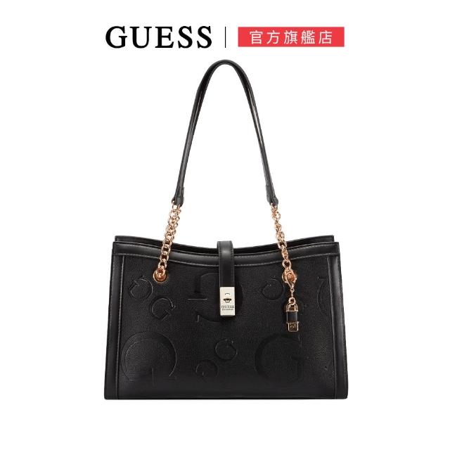 【GUESS】G字LOGO多夾層鍊條肩背包(黑色)