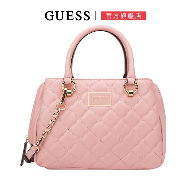 【GUESS】方形LOGO菱格壓紋手提包(粉色)
