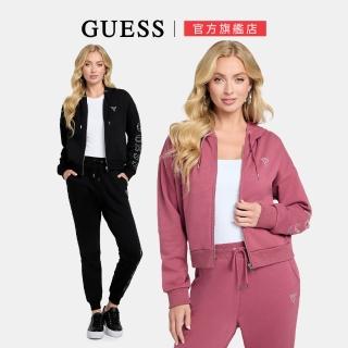 【GUESS】羅紋袖口LOGO抽繩連帽外套(兩色任選)