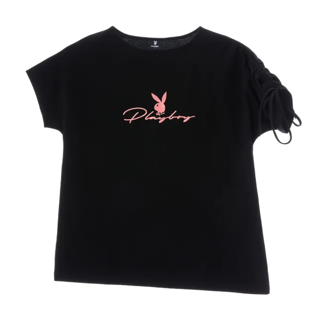 【PLAYBOY】不對稱草寫刺繡涼感(黑色)