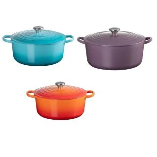 【Star 星】Le Creuset 雙耳圓形鑄鐵鍋28公分(加勒比海藍/火焰橘/火焰橘)