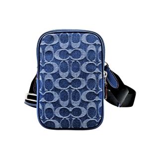 【COACH】C LOGO織紋布面拼接皮革A6方型斜揹包/手機包(丹寧藍/小款)