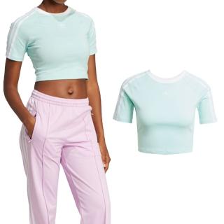 【adidas 愛迪達】3 S Baby Tee 女款 藍綠色 短版 圓領 三線 上衣 運動 三葉草 合身 短袖 JD0306