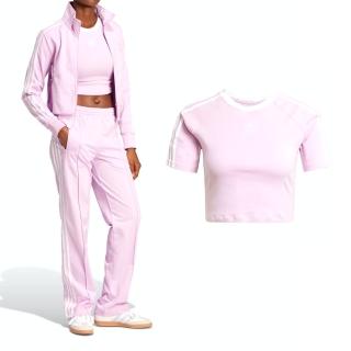 【adidas 愛迪達】3 S Baby Tee 女款 粉色 短版 圓領 三線 上衣 運動 休閒 三葉草 合身 短袖 JC6365