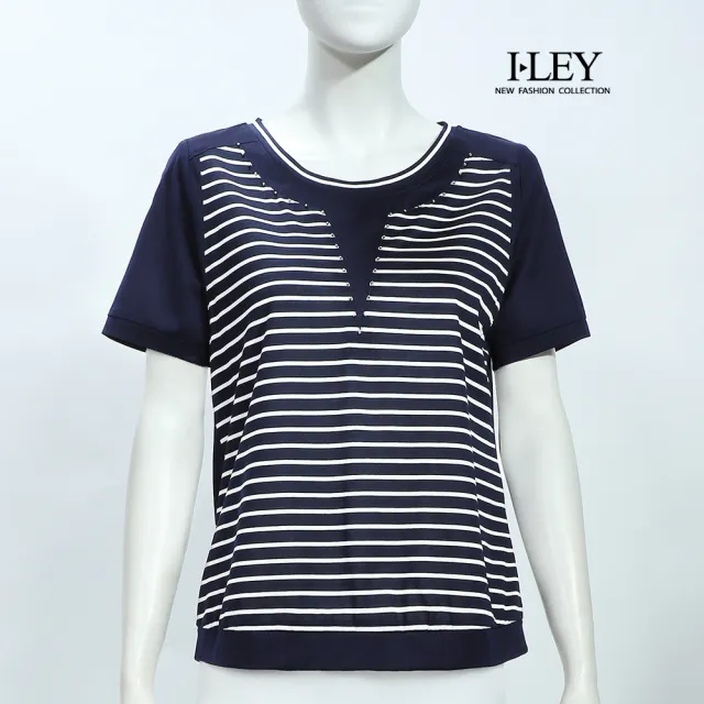 【ILEY 伊蕾】撞色條紋拼接絲光棉上衣(深藍；M-2L；1252181219)