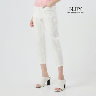【ILEY 伊蕾】花朵刺繡棉質窄管牛仔長褲(白；M-XL；1251338602)