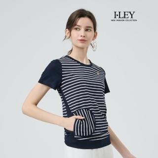 【ILEY 伊蕾】撞色條紋貼口袋絲光棉上衣(深藍；M-3L；1252181234)