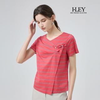 【ILEY 伊蕾】小V領條紋純棉上衣(淺紅；M-XL；1252211209)