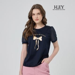 【ILEY 伊蕾】蝴蝶結珍珠雪紡袖絲光棉上衣(深藍；M-3L；1252181232)