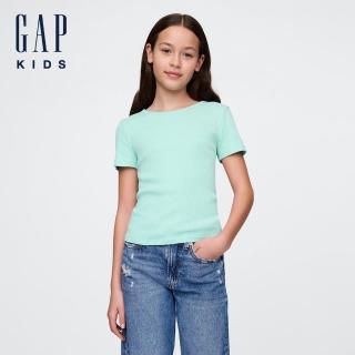 【GAP】女童裝 純棉圓領短袖針織衫-湖綠色(741418)