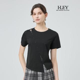 【ILEY 伊蕾】小露肩剪接水鑽絲光棉上衣(黑；M-XL；1252161229)