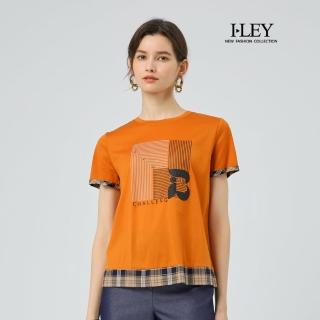 【ILEY 伊蕾】格紋拼接縲縈絲光棉上衣(桔；M-2L；1252181213)