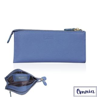 【Omnia】6卡1照浪漫風情單拉鍊牛皮長夾5103(莫蘭迪藍)