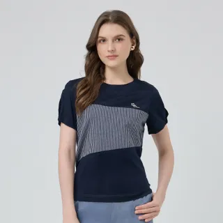 【ILEY 伊蕾】條紋拼接萊卡絲光棉上衣(深藍；M-2L；1252241208)