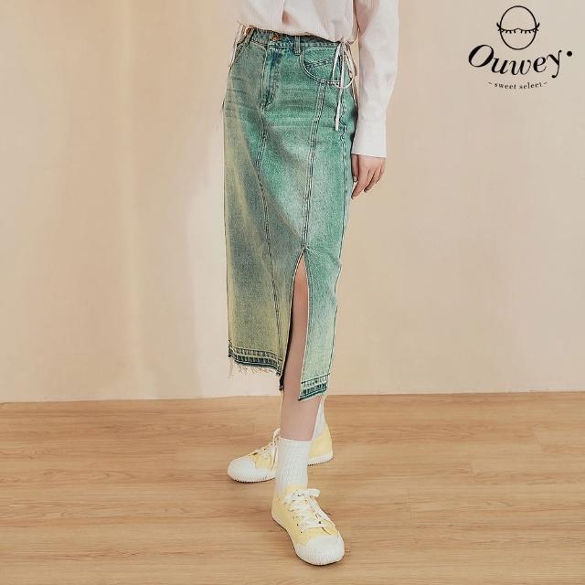 【OUWEY 歐薇】仿舊水洗開衩牛仔長裙(淺藍色；S-L；3242148204)