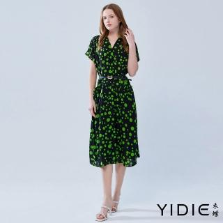 【YIDIE 衣蝶】點點印花V領落肩雪紡長洋裝-黑