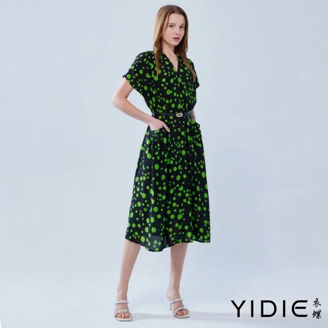 【YIDIE 衣蝶】點點印花V領落肩雪紡長洋裝-黑