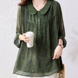 【麗質達人】5278綠色娃娃領長袖上衣-LY(L-5XL)