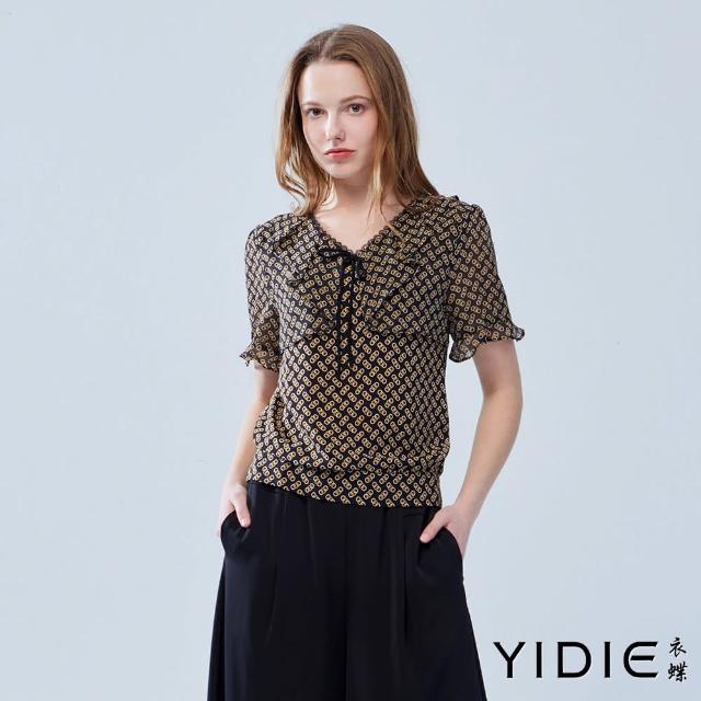 【YIDIE 衣蝶】荷葉領鎖鏈印花雪紡上衣-黑