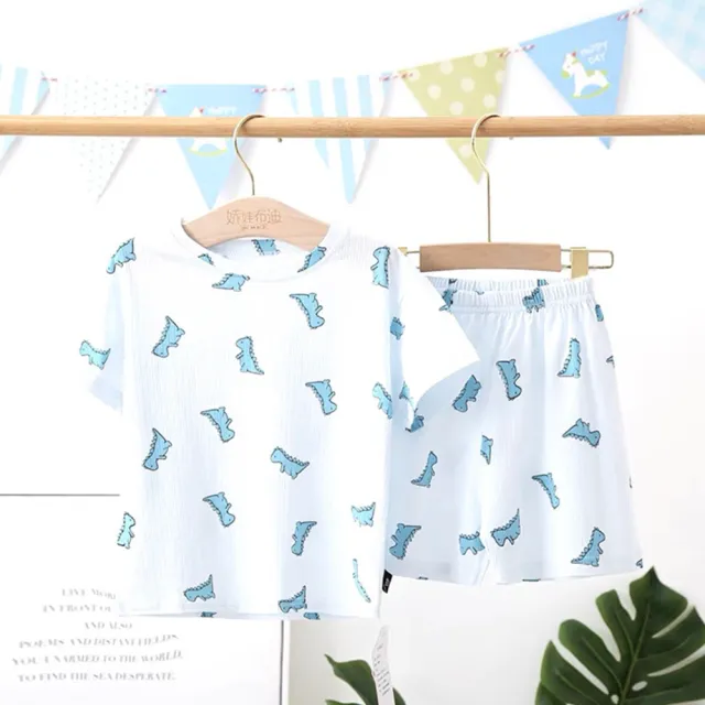 【安朵童舖】現貨韓版兒童冰絲家居服男童短袖套裝女童寬鬆睡衣寶寶冰絲套裝(09A/050)