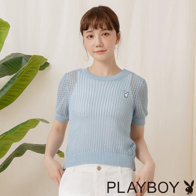 【PLAYBOY】冰絲手勾針織短袖上衣(天空藍色)