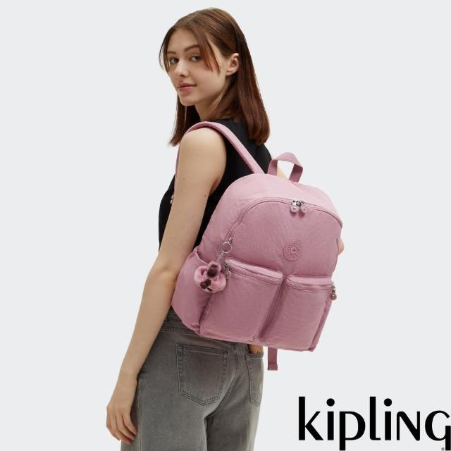 【KIPLING官方旗艦館】溫柔荷花粉多拉鍊收納後背包-CHARNELL
