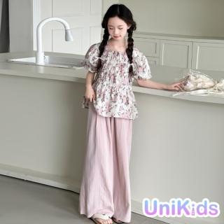 【UniKids】中大童裝2件套裝碎花泡泡袖短袖上衣直筒休閒長褲 女大童裝 CVAJ2552(粉)