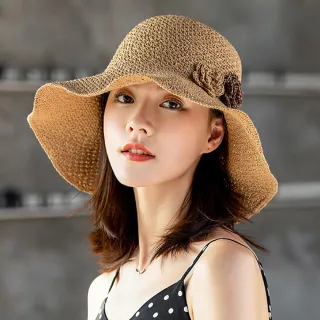 【AnnaSofia】遮陽帽防曬帽淑女帽網美渡假草帽海灘帽漁夫帽盆帽-雙色蕾花 寬簷(駝系)