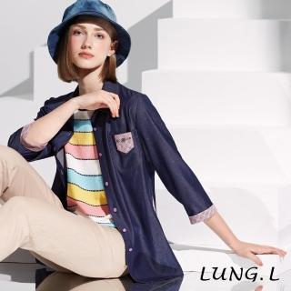 【LUNG.L 林佳樺】LS24C 藍色牛仔拼接粉色格紋七分袖女裝薄外套(春夏新品 加大尺碼)