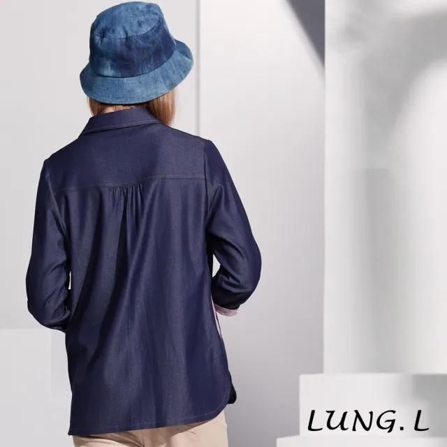 【LUNG.L 林佳樺】LS24C 藍色牛仔拼接粉色格紋七分袖女裝薄外套(春夏新品 加大尺碼)