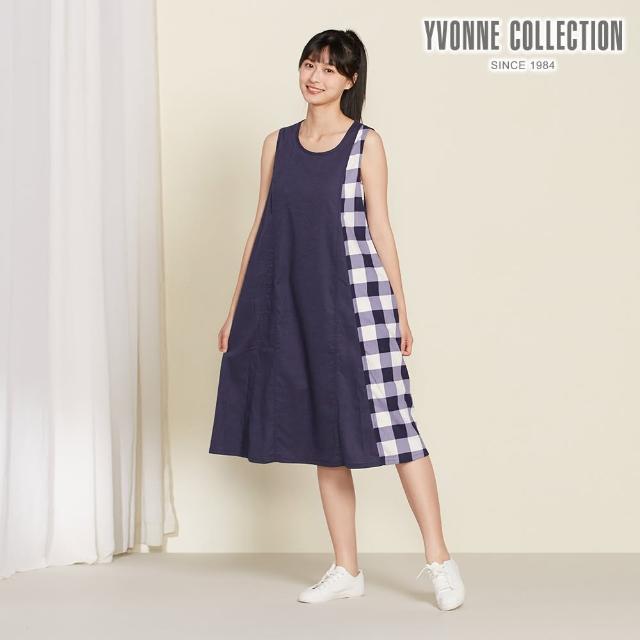 【YVONNE 以旺傢飾】天絲麻拼接無袖洋裝-深丈青
