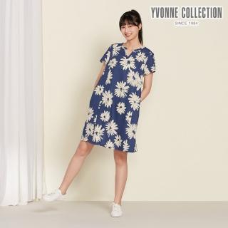 【YVONNE 以旺傢飾】棉麻紮染印花短袖洋裝-深藍