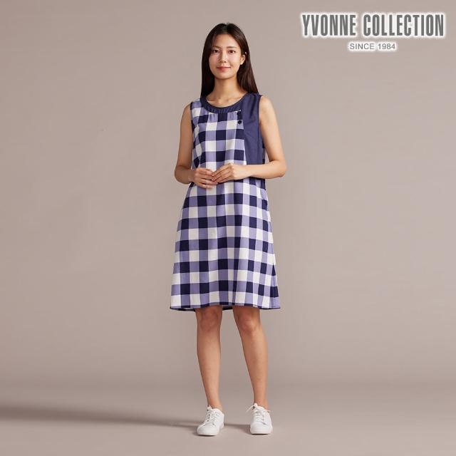 【YVONNE 以旺傢飾】天絲麻格紋無袖洋裝-深丈青