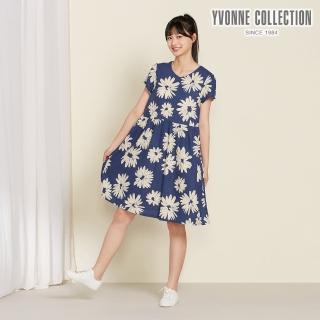 【YVONNE 以旺傢飾】棉麻紮染印花拼接短袖洋裝-深藍