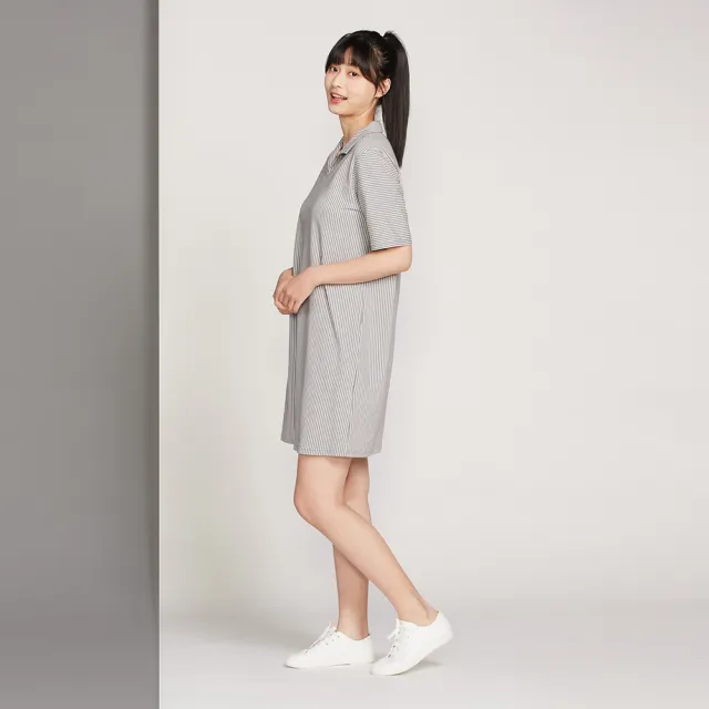 【YVONNE 以旺傢飾】直條提花襯衫領短袖洋裝-迷霧灰