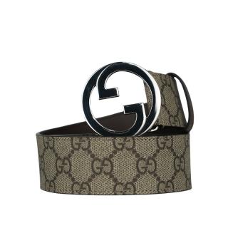 【GUCCI 古馳】Blondie GG 銀色標誌塗層帆布及皮革 寬4cm(棕色)