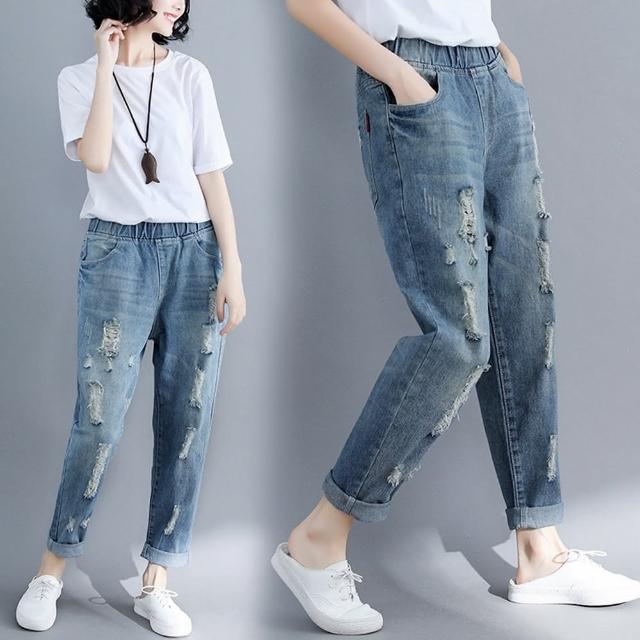 【巴黎精品】現貨+預購 牛仔褲休閒長褲(刷破單寧哈倫九分女褲子a1jc10)