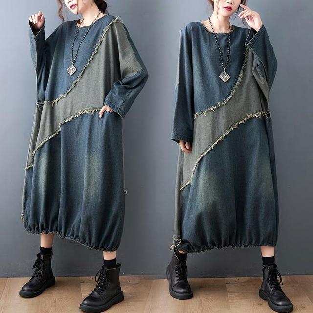 【巴黎精品】現貨+預購 牛仔洋裝丹寧連身裙(長袖撞色拼接毛邊女裙子a1jc18)