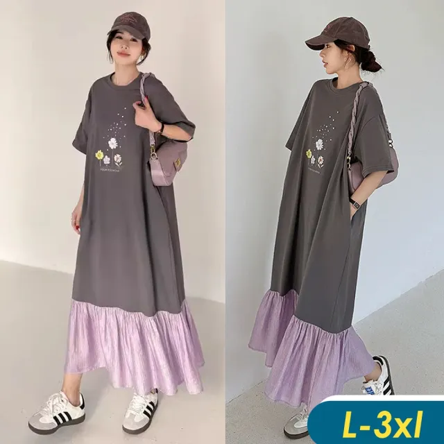 【CHACO】/預購/女夏 併接紫色裙襬寬鬆中大碼灰色短袖印花長版連身裙#6846(灰色 連身裙 中大 夏 紫色)