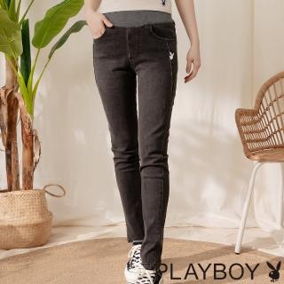 【PLAYBOY】鬆緊腰修身牛仔長褲(深灰色)