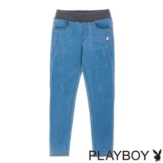 【PLAYBOY】鬆緊腰修身牛仔長褲(淺藍色)