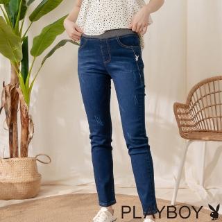 【PLAYBOY】鬆緊腰修身牛仔長褲(深藍色)
