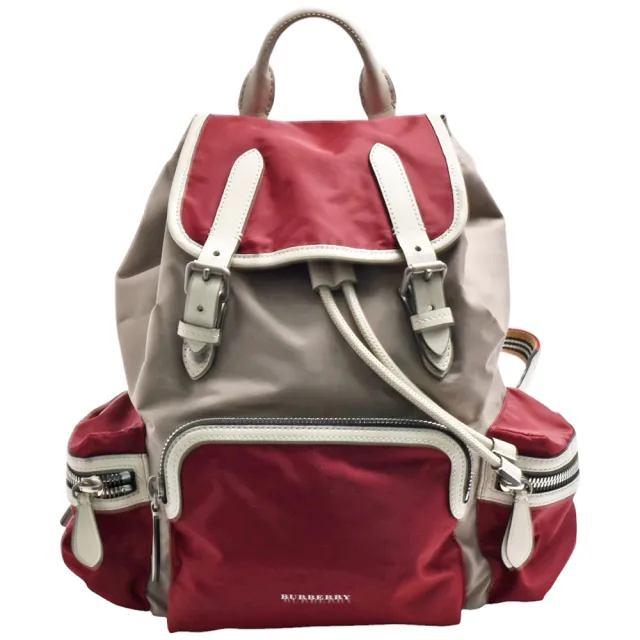 【BURBERRY 巴寶莉】經典品牌LOGO雙色滾邊尼龍多口袋後背包(酒紅/米灰色4078761)