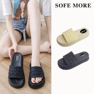 【SOFE MORE】防水菱格紋厚底舒適拖鞋 防滑增高 一字設計 休閒涼拖 軟墊厚底 夏季拖鞋(厚底防水拖鞋)