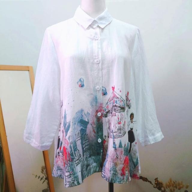 【YUTZUYA 優姿雅】英倫祕境印花亞麻薄透寬版襯衫(透氣亞麻/寬版/襯衫/印花/輕薄)
