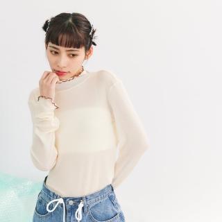 【Dailo】配色微高領木耳邊透膚長袖上衣(黑 米 灰/魅力商品)