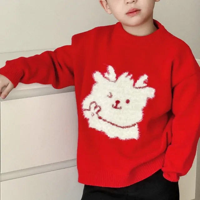 【橘魔法】植絨小龍人毛衣(針織衫 新年 過年 喜宴 大紅 拜年服 長袖上衣 兒童 中性款 男童 女童 童裝)