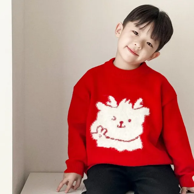 【橘魔法】植絨小龍人毛衣(針織衫 新年 過年 喜宴 大紅 拜年服 長袖上衣 兒童 中性款 男童 女童 童裝)