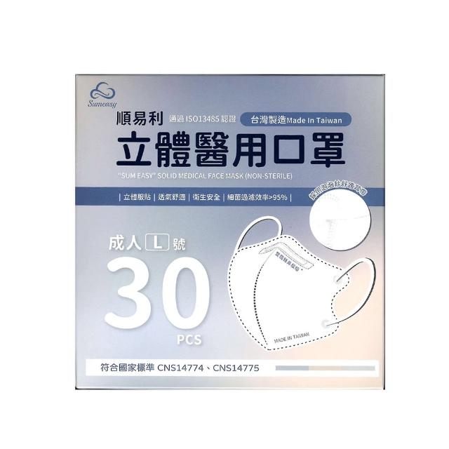 【順易利】成人3D立體醫用醫療口罩L號(黑/白-30入)