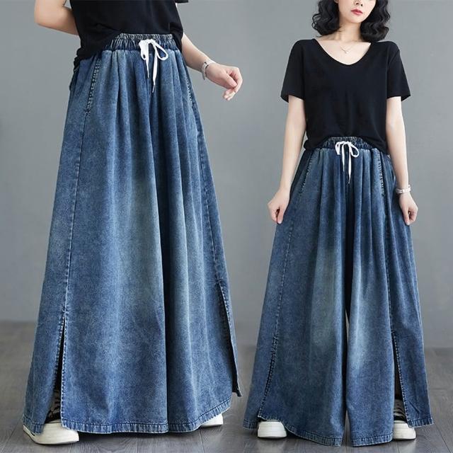 【巴黎精品】現貨+預購 牛仔褲休閒長褲(高腰抽繩寬管褲裙女褲子a1jc25)